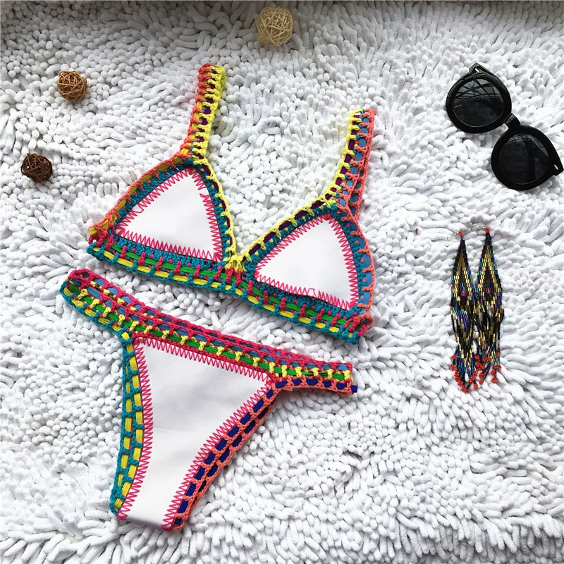 Micro Bikini 2021 Women Handmade Crochet Knit Swimwear Halter Patchwork Bathing Suit Swimsuit Biquini Thong Bikini Traje De Bano