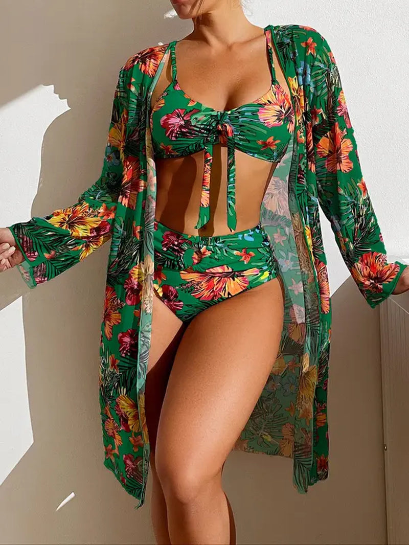 Women'S Tropical Print Bikinis for Summer 2024, Knot Front Swim Top & O-Ring Ruched Bikini Bottom & Long Sleeve Beach Cover Up, Summer Bathing Suits Swimsuit Sets