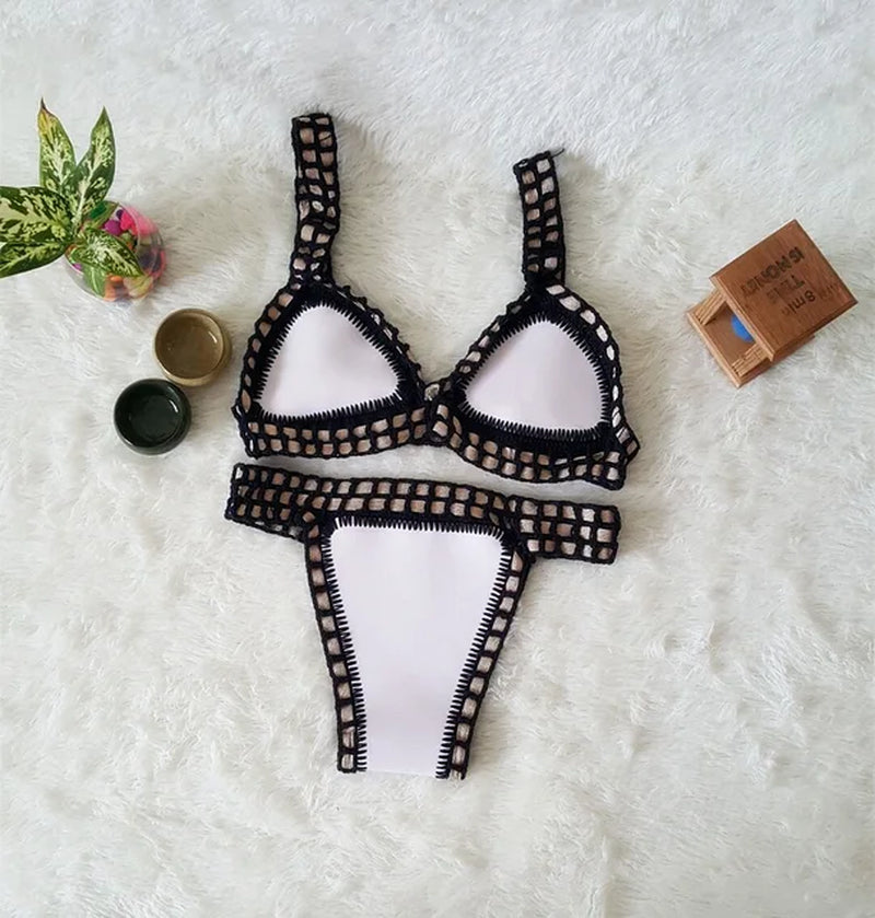 Micro Bikini 2021 Women Handmade Crochet Knit Swimwear Halter Patchwork Bathing Suit Swimsuit Biquini Thong Bikini Traje De Bano