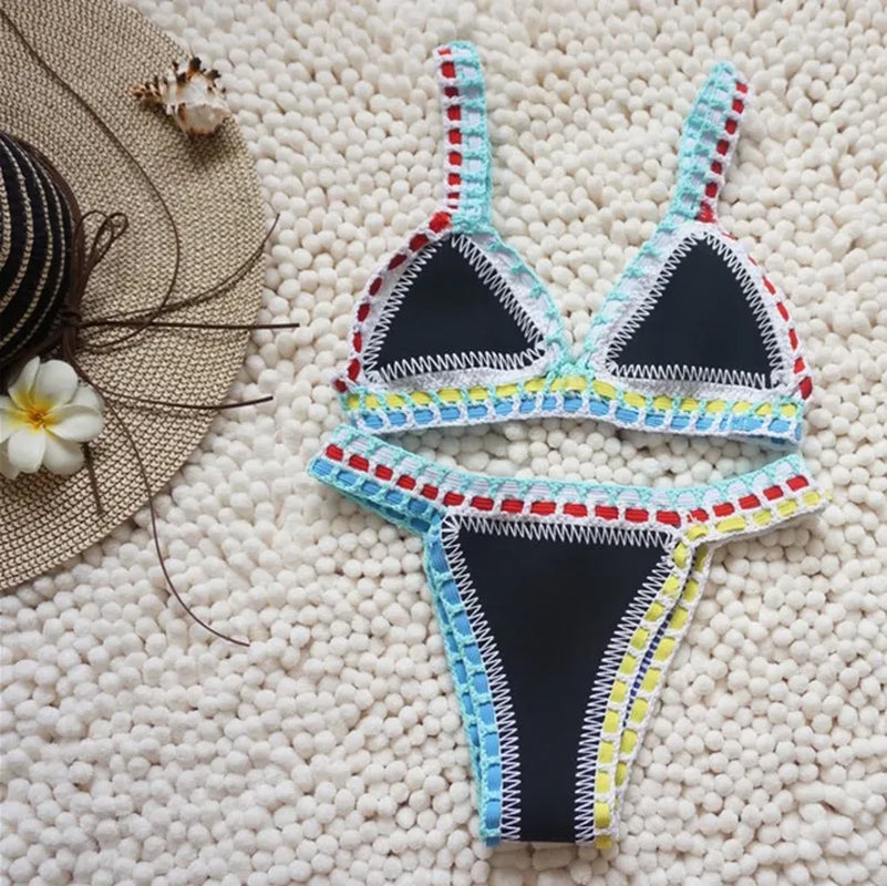 Micro Bikini 2021 Women Handmade Crochet Knit Swimwear Halter Patchwork Bathing Suit Swimsuit Biquini Thong Bikini Traje De Bano