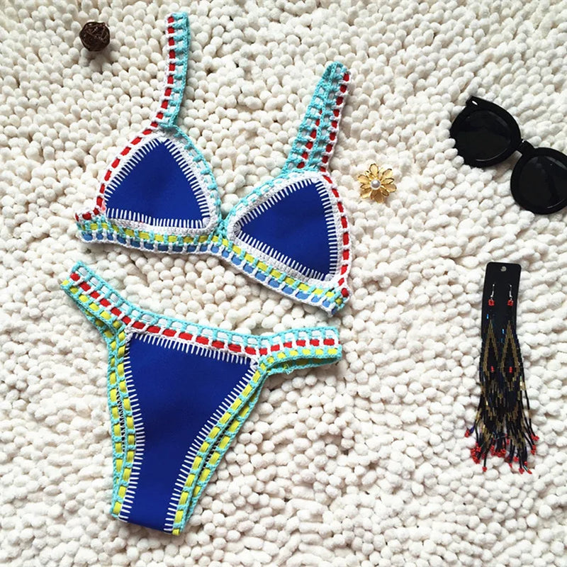 Micro Bikini 2021 Women Handmade Crochet Knit Swimwear Halter Patchwork Bathing Suit Swimsuit Biquini Thong Bikini Traje De Bano